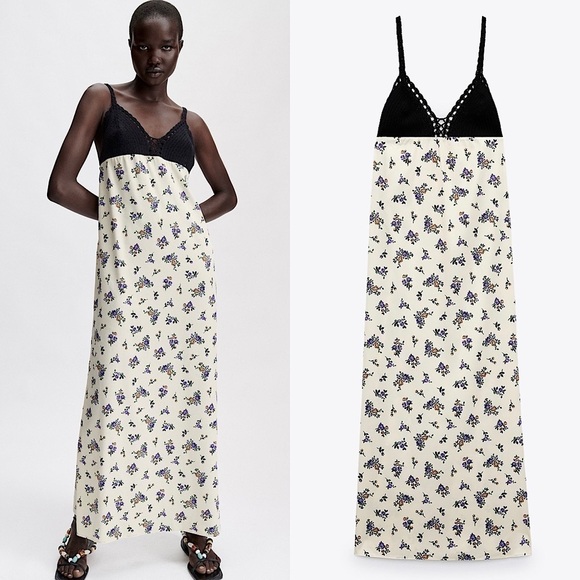 NWT ZARA Floral Satin Sleeveless V-Neck Crochet Bodice Empire Waist Slip Dress S - Picture 5 of 8